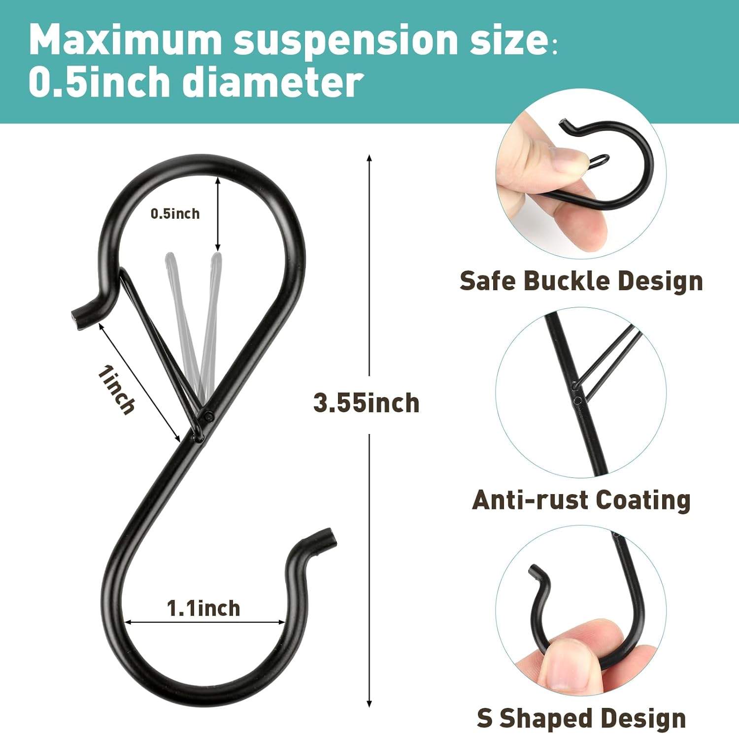 Navona 20 Pcs S Hooks for Hanging Heavy Duty. 3.5-inch Heavy Duty Metal S Hook with Safety Buckle. Suitable for 0.5 inch Rods. S Hook for Hanging Plants. Closet. Kitchen Utensil. Pot. Pan. Bags - Image 2