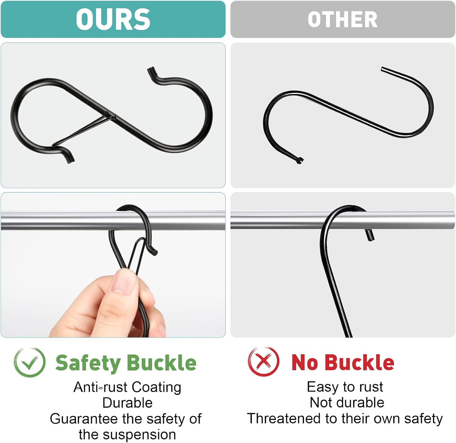 Navona 20 Pcs S Hooks for Hanging Heavy Duty. 3.5-inch Heavy Duty Metal S Hook with Safety Buckle. Suitable for 0.5 inch Rods. S Hook for Hanging Plants. Closet. Kitchen Utensil. Pot. Pan. Bags - Image 5