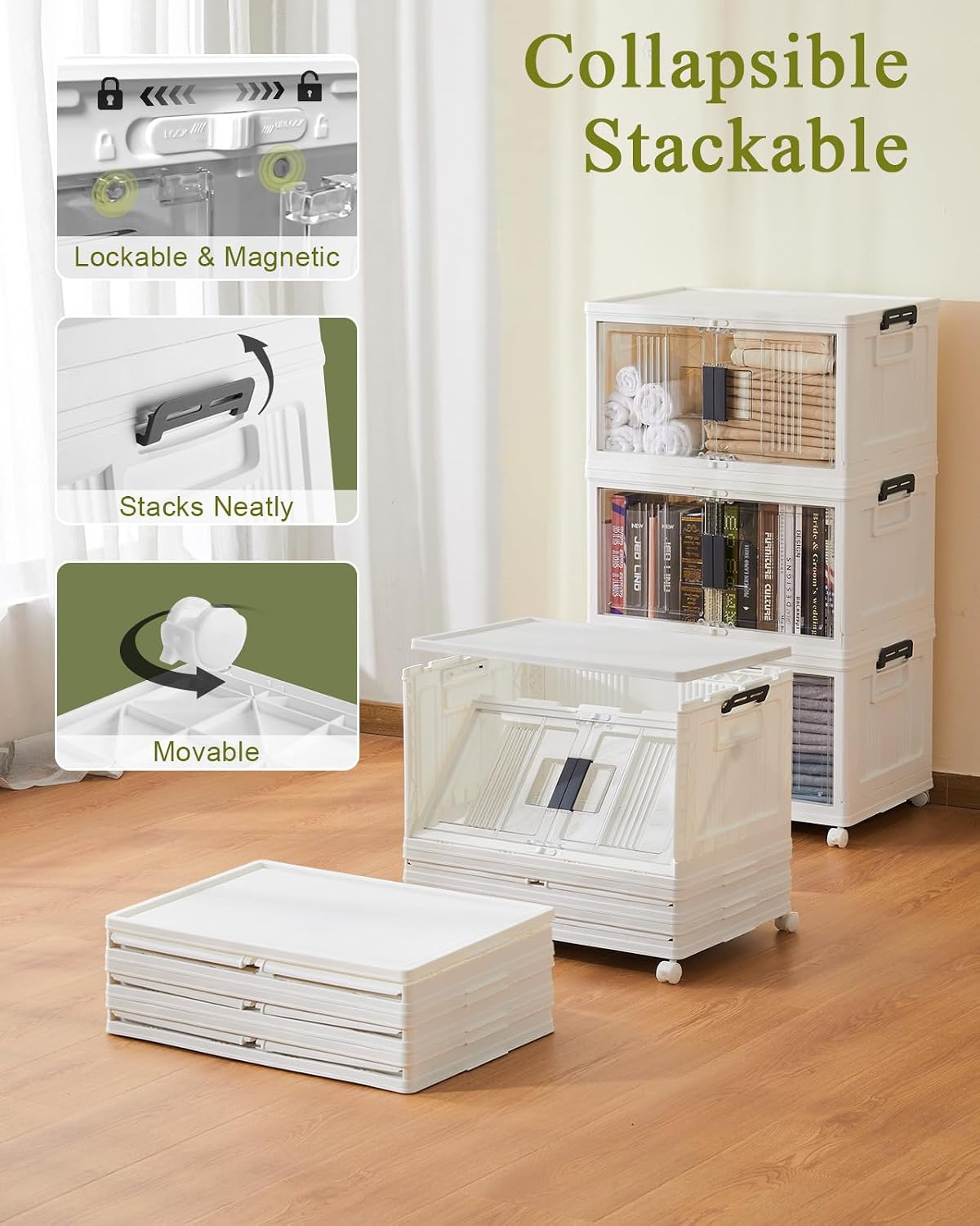 OlarHike 144QT Lockable Storage Bins with Lids - Folding Cabinet with Doors & Wheels. Collapsible Plastic Drawers for Dorm. Closets. Office. Game Day. College. Stackable Organizer. Gifts. 3 Pack - Image 5