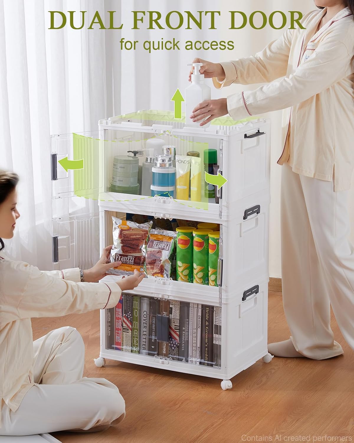 OlarHike 144QT Lockable Storage Bins with Lids - Folding Cabinet with Doors & Wheels. Collapsible Plastic Drawers for Dorm. Closets. Office. Game Day. College. Stackable Organizer. Gifts. 3 Pack - Image 7