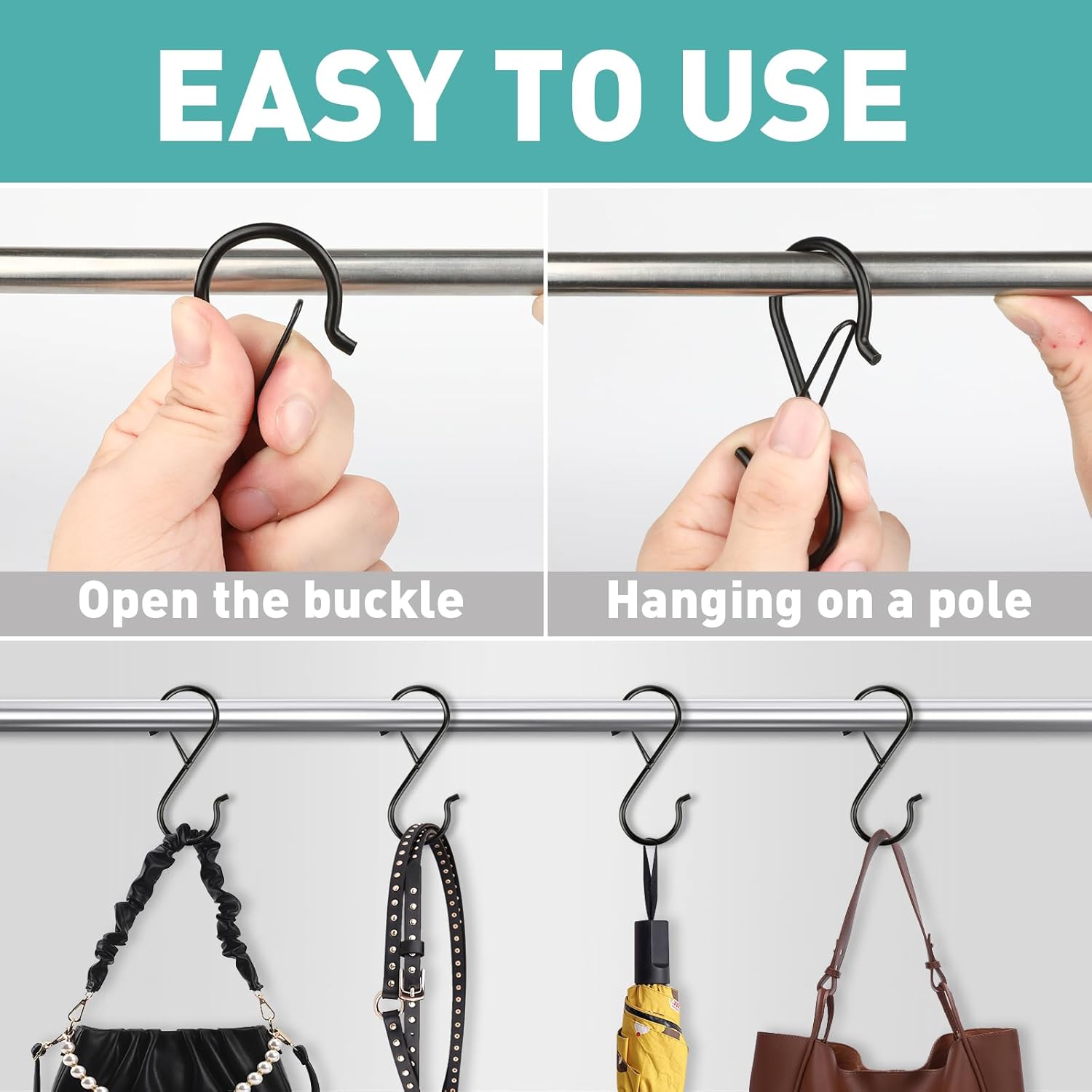 Navona 20 Pcs S Hooks for Hanging Heavy Duty. 3.5-inch Heavy Duty Metal S Hook with Safety Buckle. Suitable for 0.5 inch Rods. S Hook for Hanging Plants. Closet. Kitchen Utensil. Pot. Pan. Bags - Image 4