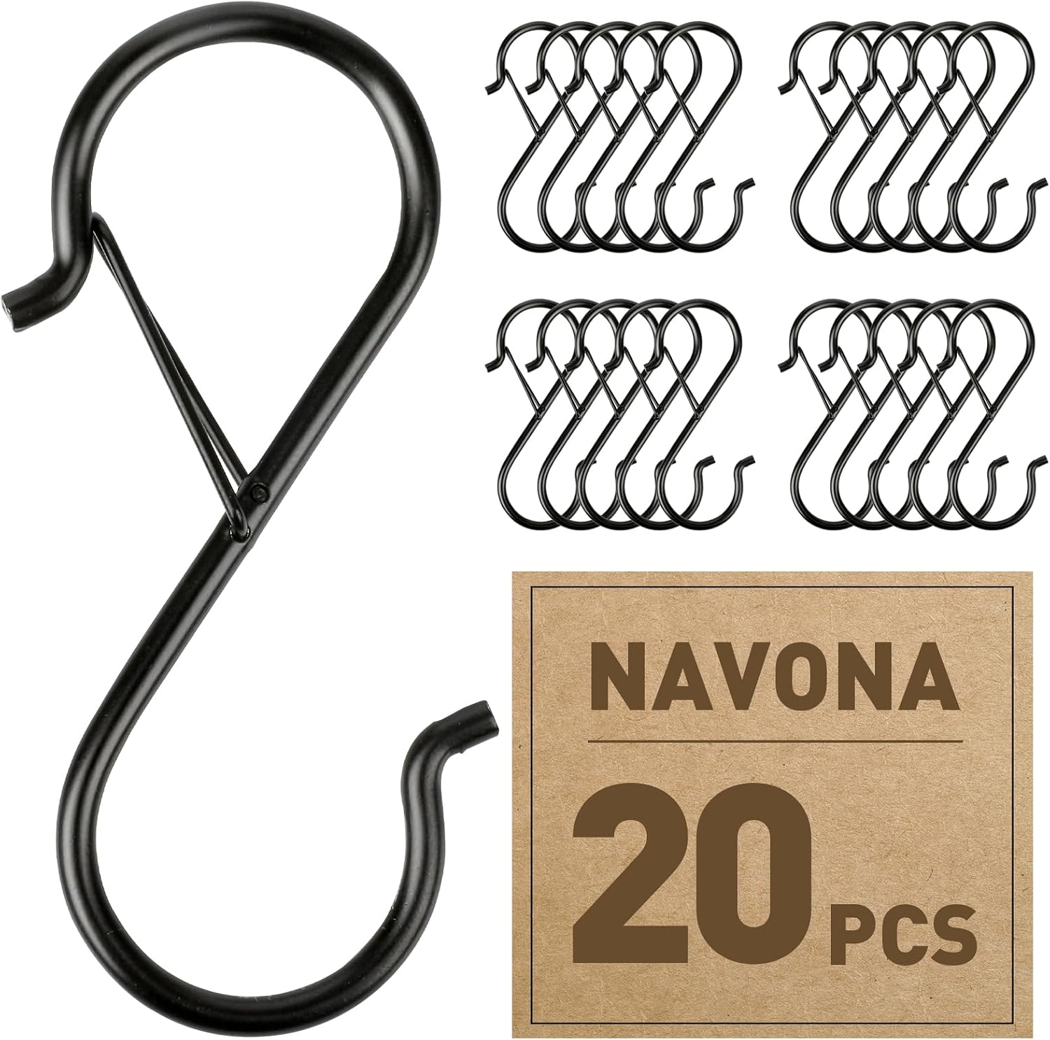 Navona 20 Pcs S Hooks for Hanging Heavy Duty. 3.5-inch Heavy Duty Metal S Hook with Safety Buckle. Suitable for 0.5 inch Rods. S Hook for Hanging Plants. Closet. Kitchen Utensil. Pot. Pan. Bags