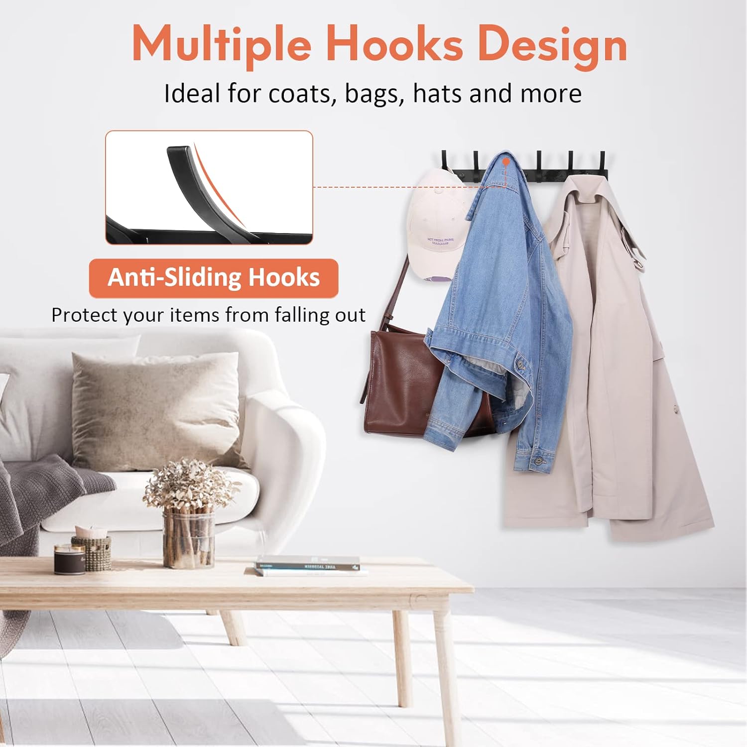 Optish Coat Rack Wall Mount. Wall Hooks for Hanging. Entry Coat Hooks Coat Hanger. Hat Rack Holder for Wall. Key Holder Purse Racks. Towel Rack for Bathrooms (2 Pack. Black) - Image 5