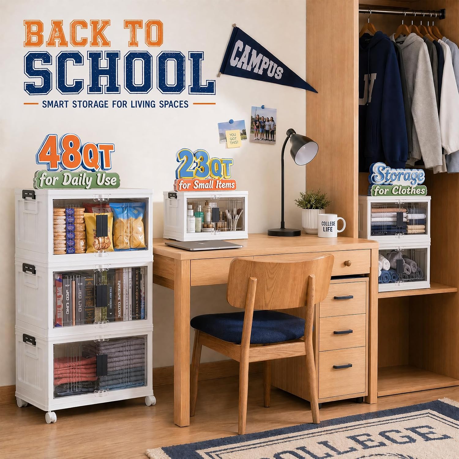 OlarHike 144QT Lockable Storage Bins with Lids - Folding Cabinet with Doors & Wheels. Collapsible Plastic Drawers for Dorm. Closets. Office. Game Day. College. Stackable Organizer. Gifts. 3 Pack - Image 3