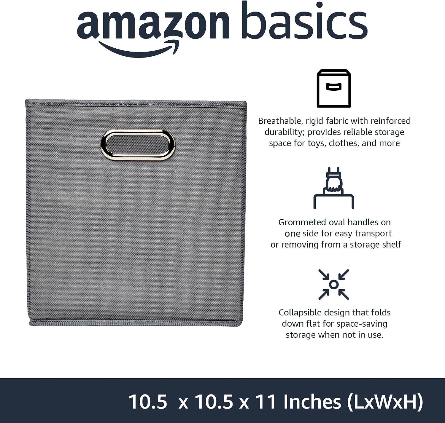 Amazon Basics Collapsible Cube Storage Bins. Space-Saving. Organizing Fabric Bins with Handles. 10.5 x 10.5 x 11 inches. Light Grey. 6-Pack - Image 2